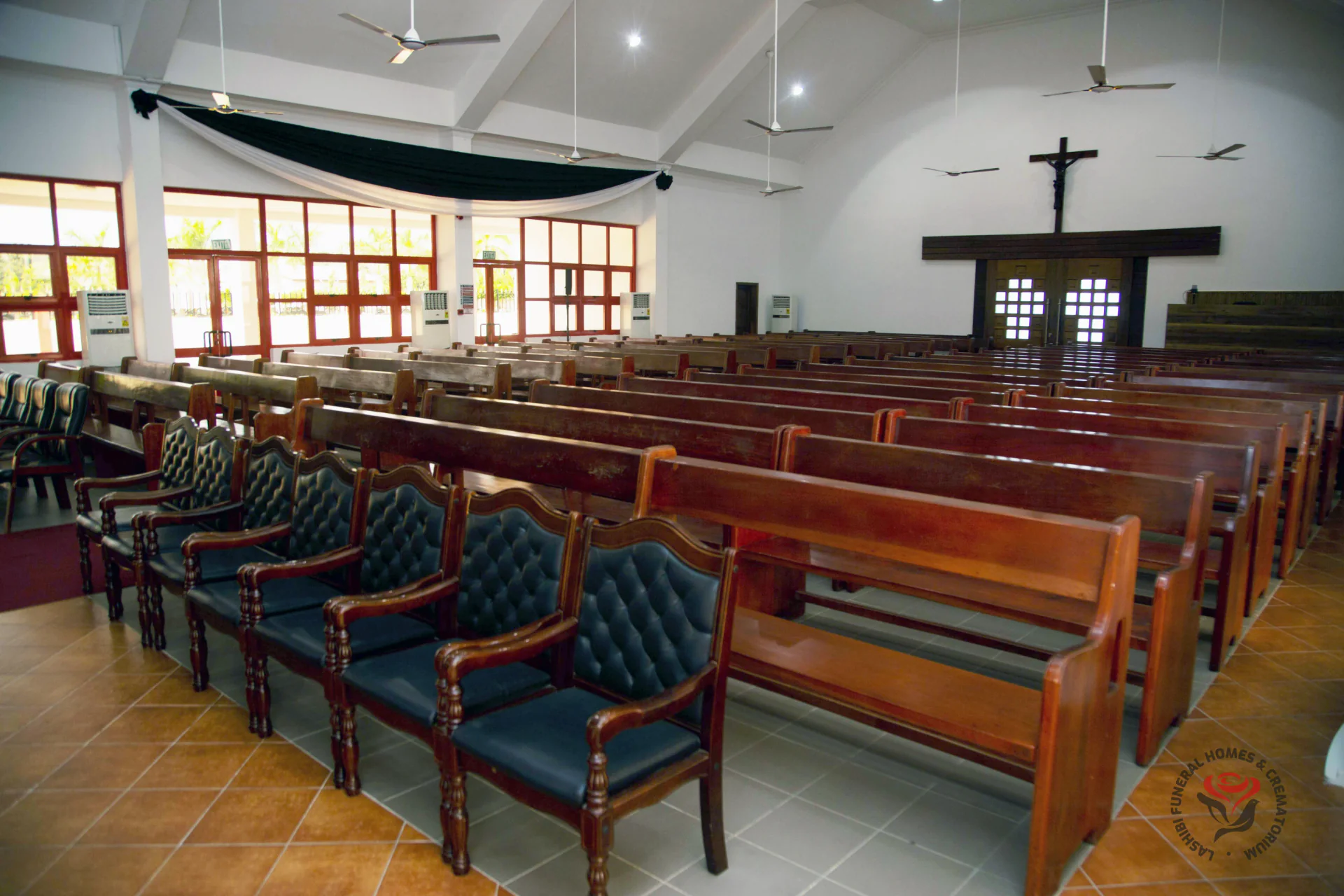 The chapel interior, pews and natural light