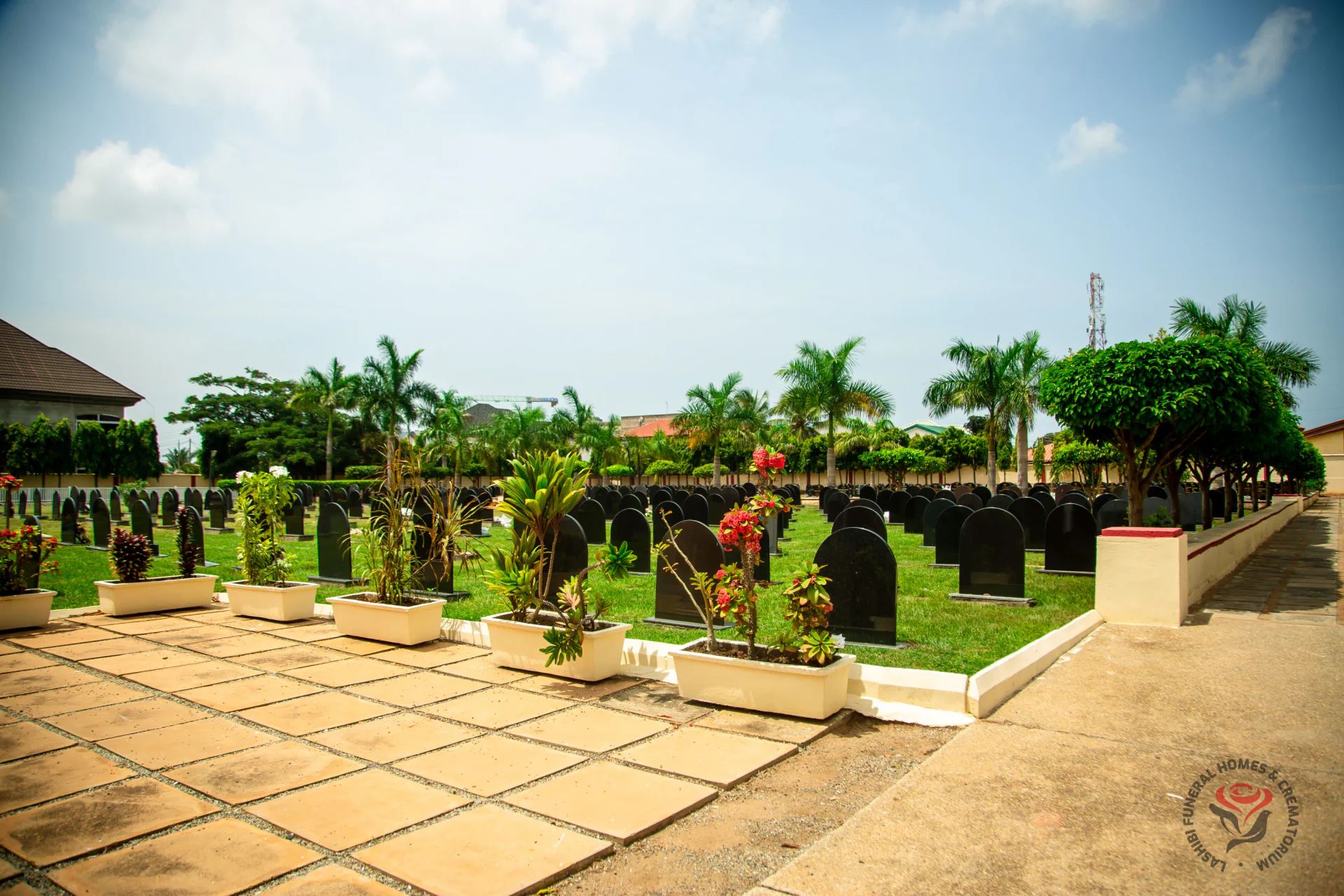 A paved path through the grounds