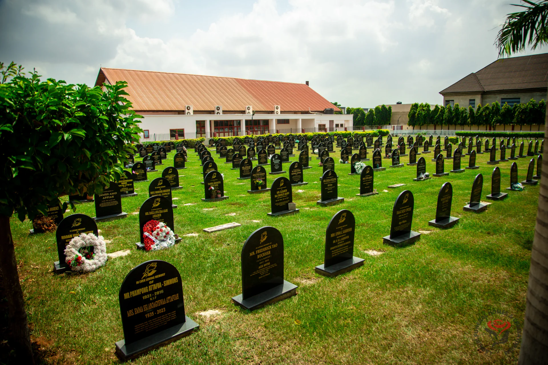 The Garden of Peace cemetery, headstones among manicured lawns