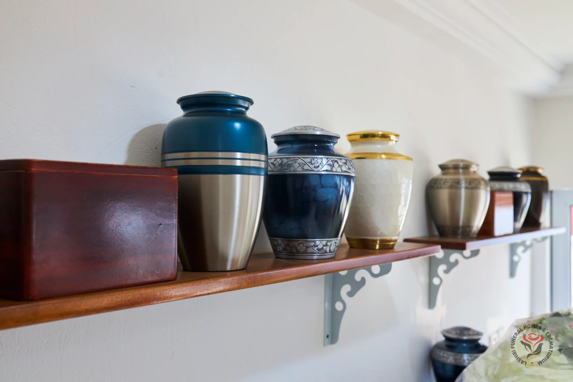 Memorial urns on a shelf